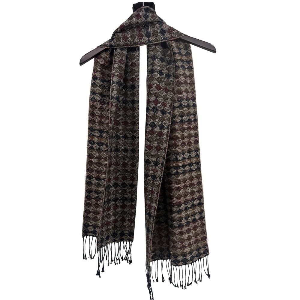 Vintage Made in Germany Wool Blend Geometric Diamond Fringe Scarf Multicolor - Picture 3 of 6